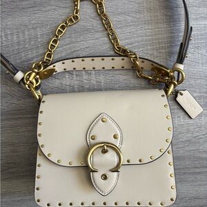 Coach Cream Leather Studded Shoulder Bag with Gold Hardware